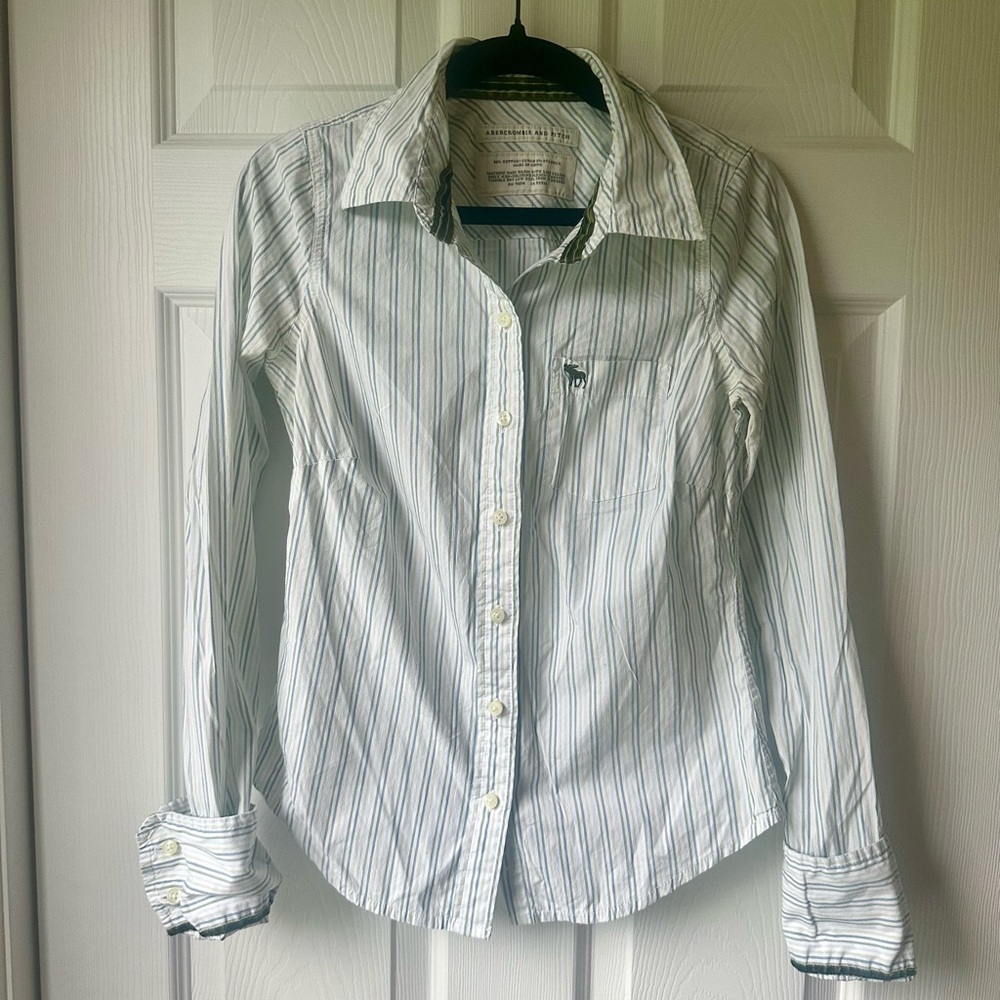 Vintage Abercrombie & Fitch White, Blue & Green Striped Shirt with Velvet Detail